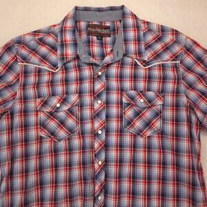 Rock & Roll Cowboy Short Sleeve Button Up T-Shirt Adult Mens Size XL Red Blue